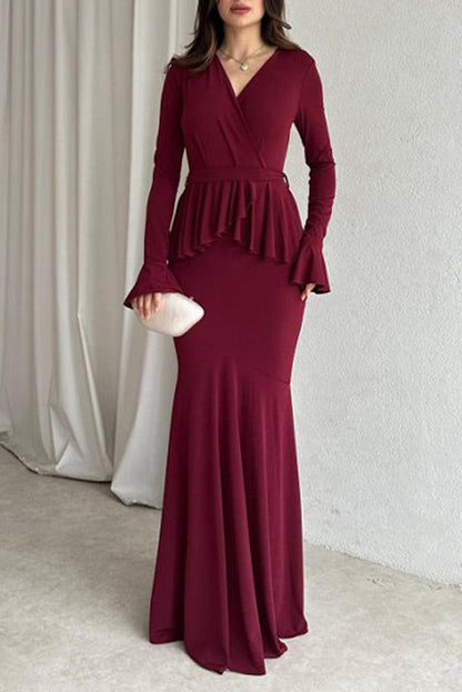 Solid color long-sleeved V-neck lace strappy hip Maxi dress