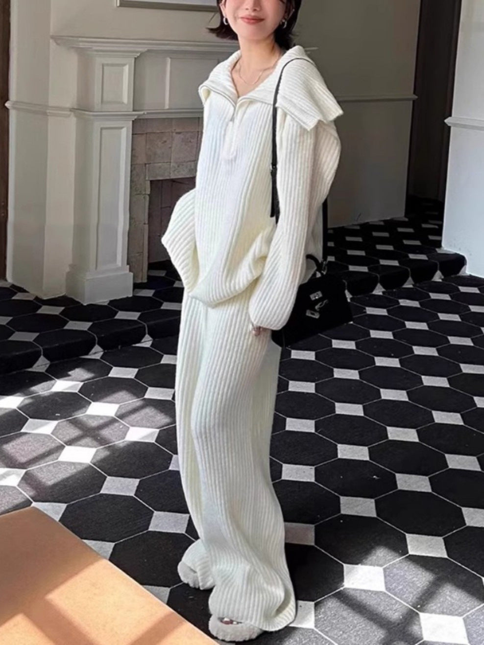 Loose-fitting large lapel half-zip knit sweater and wide-leg pants two-piece suit