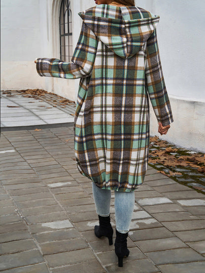 Loose Contrast Plaid Zipper Hooded Long Jacket