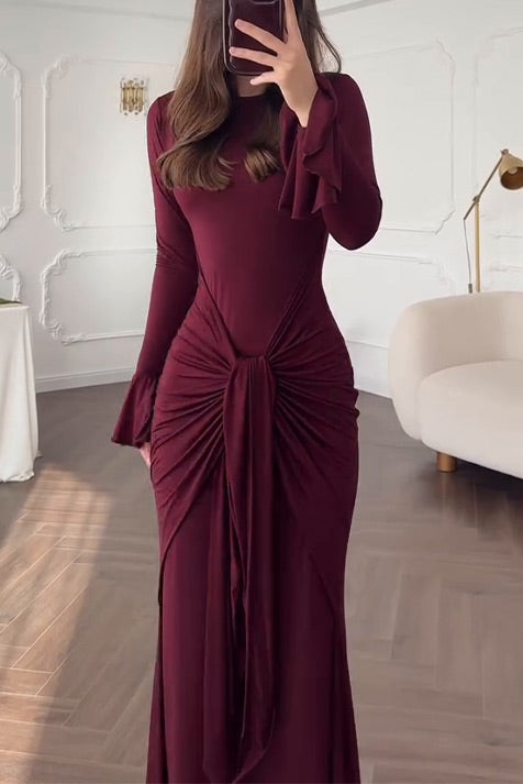 Long-sleeved round neck pleated hip slim Maxi dress