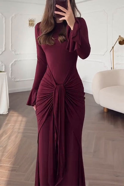 Long-sleeved round neck pleated hip slim Maxi dress