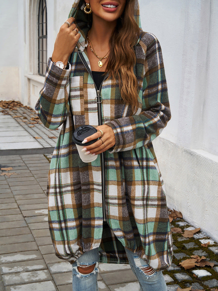 Loose Contrast Plaid Zipper Hooded Long Jacket