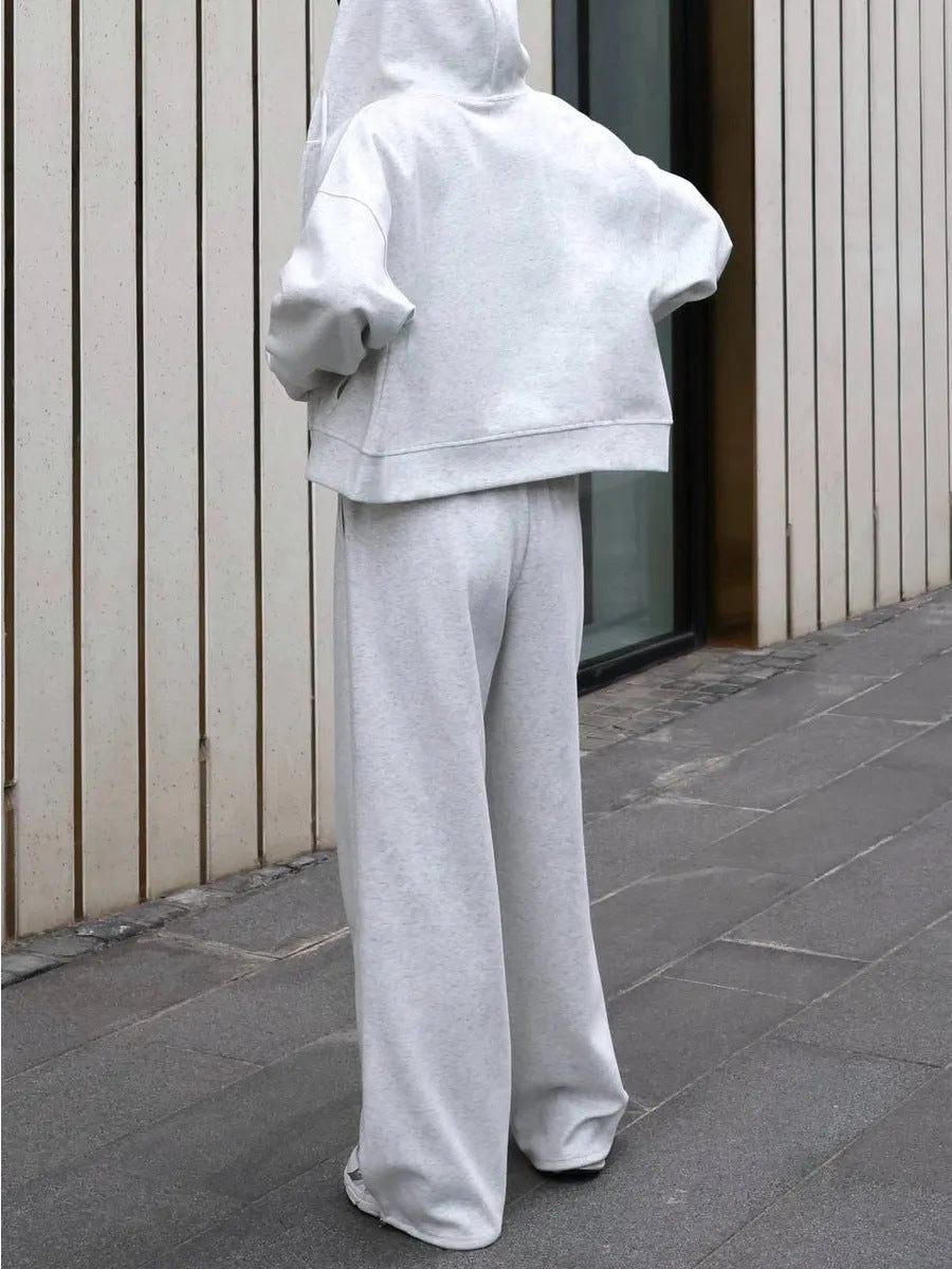 Zippered hooded sweatshirt and lace-up trousers two-piece set