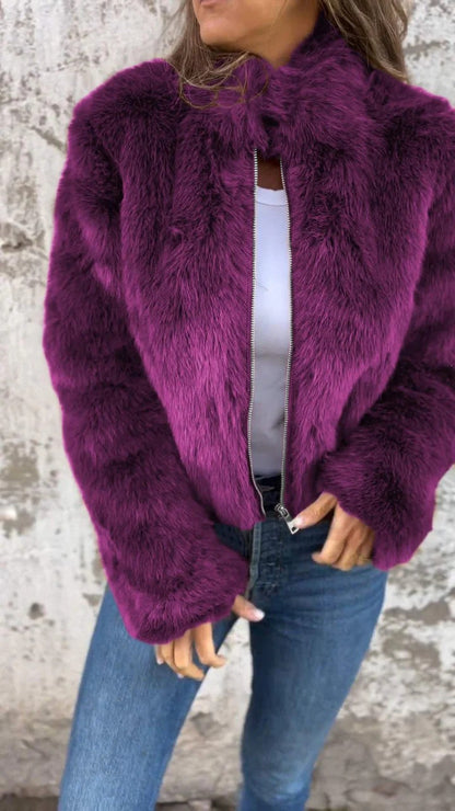 Faux Fur Turtleneck Zip-Up Blazer