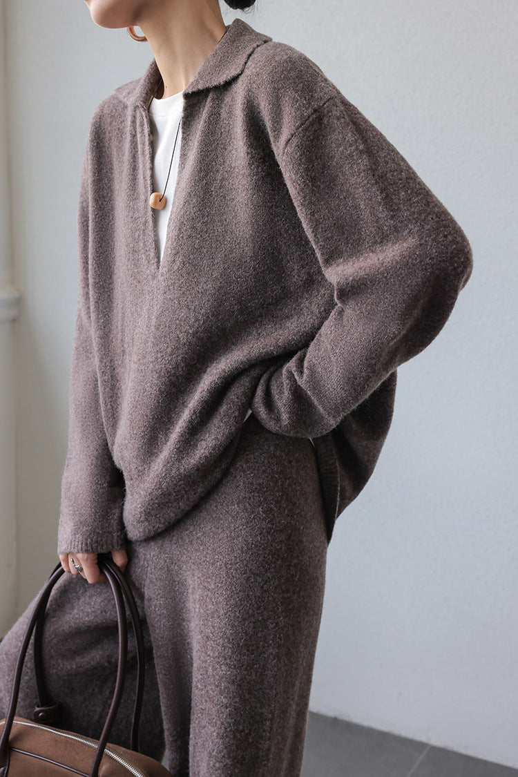 Thickened V-neck loose knitted sweater wide-leg pants two-piece set