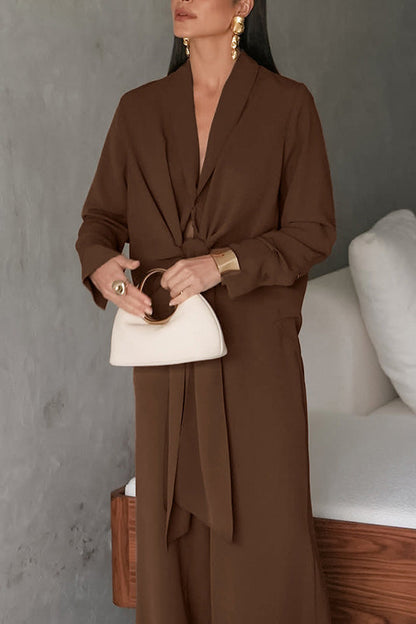 Long-sleeved V-neck tie top and wide-leg pants two-piece suit