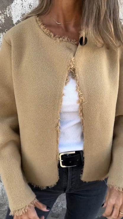 Round neck long-sleeved frosted edges woolen coat