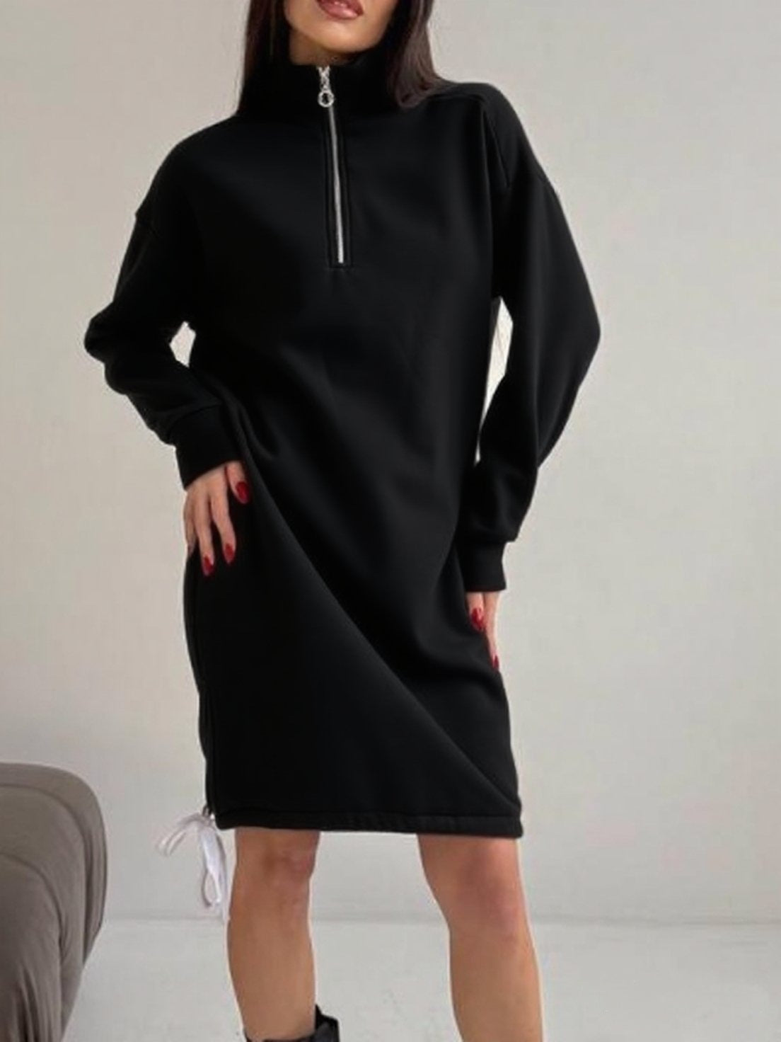 Turtleneck Half-Zip Fleece Sweatshirt Dress
