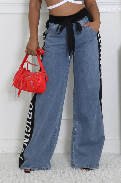 High-waisted Braided belt splicing sides wide leg jeans