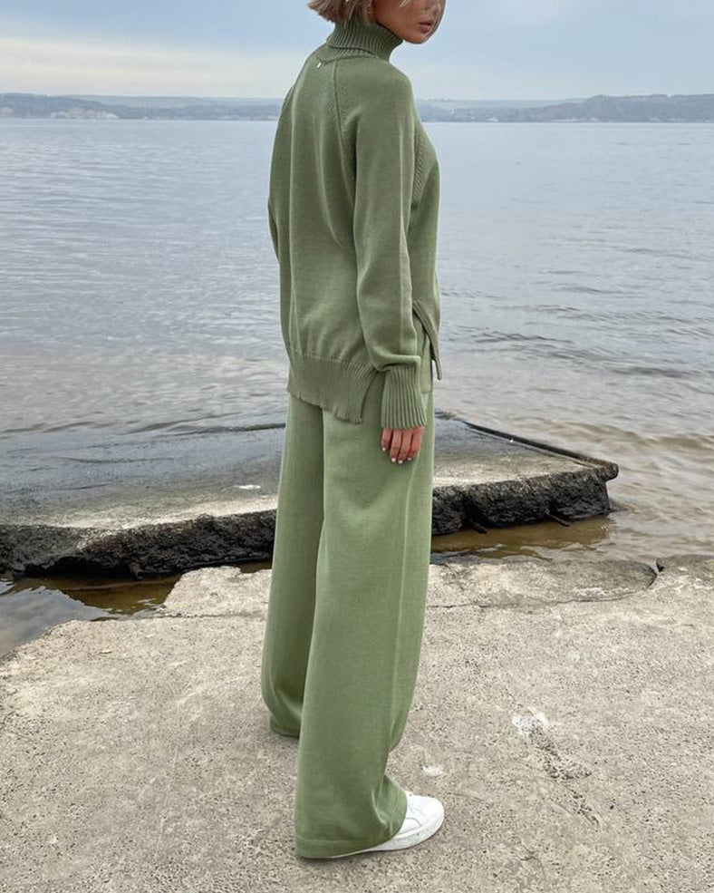 Solid color turtleneck knitted sweater and wide-leg trousers two-piece suit