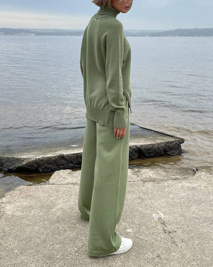 Solid color turtleneck knitted sweater and wide-leg trousers two-piece suit
