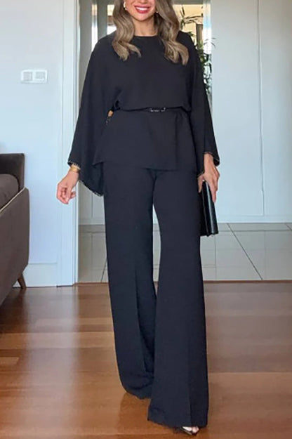 Rhinestone long-sleeved top and wide-leg pants set