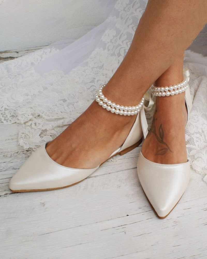 Pointed hollow pearl straps heel strap low heel sandals