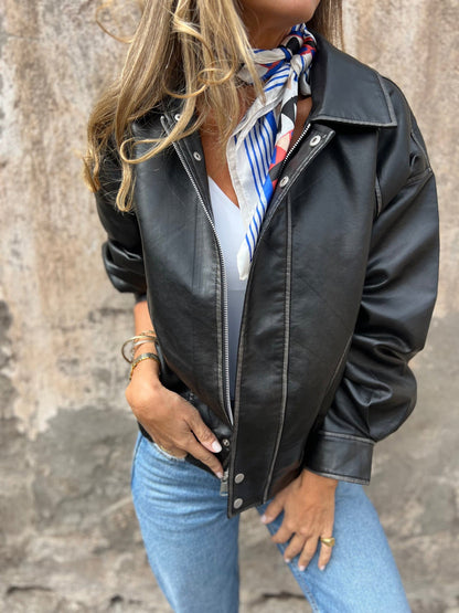 Retro loose PU motorcycle bomber jacket