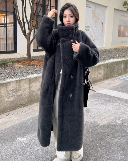 High stand-up collar double-breasted Faux Mink Fur Long Coat