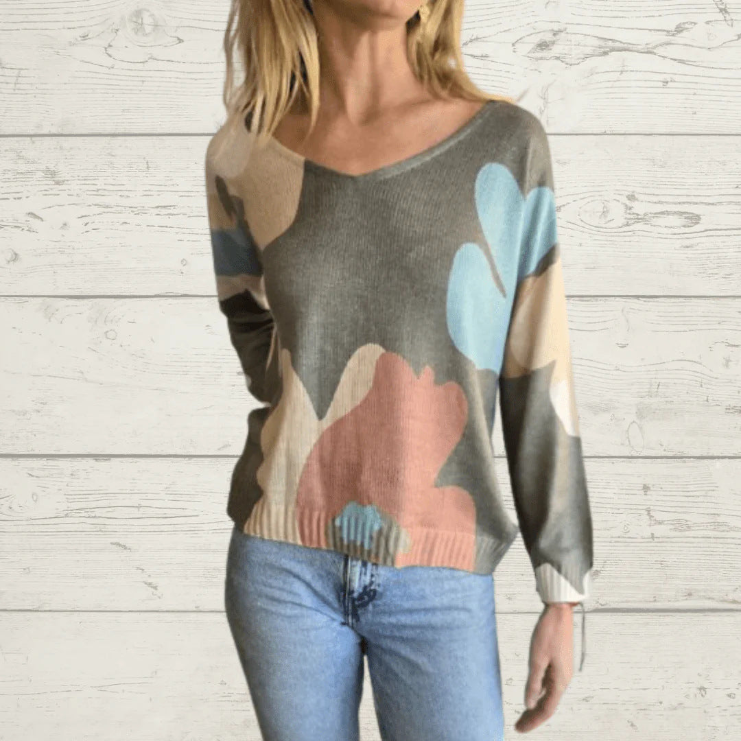 Round neck loose cropped pullover printed sweater top