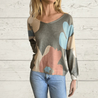 Round neck loose cropped pullover printed sweater top
