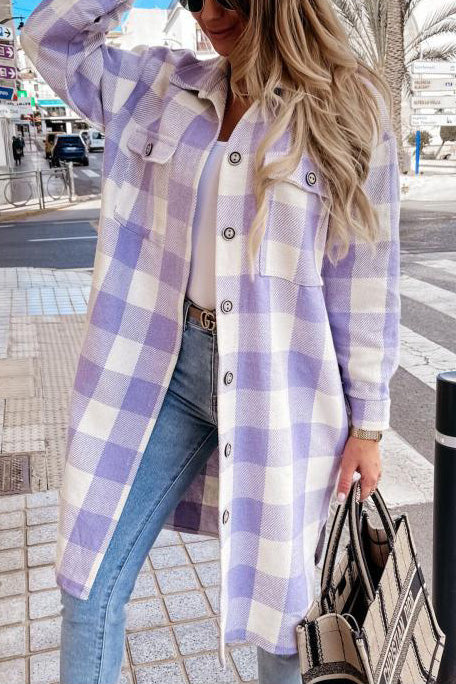 Long lapel single-breasted plaid shirt jacket