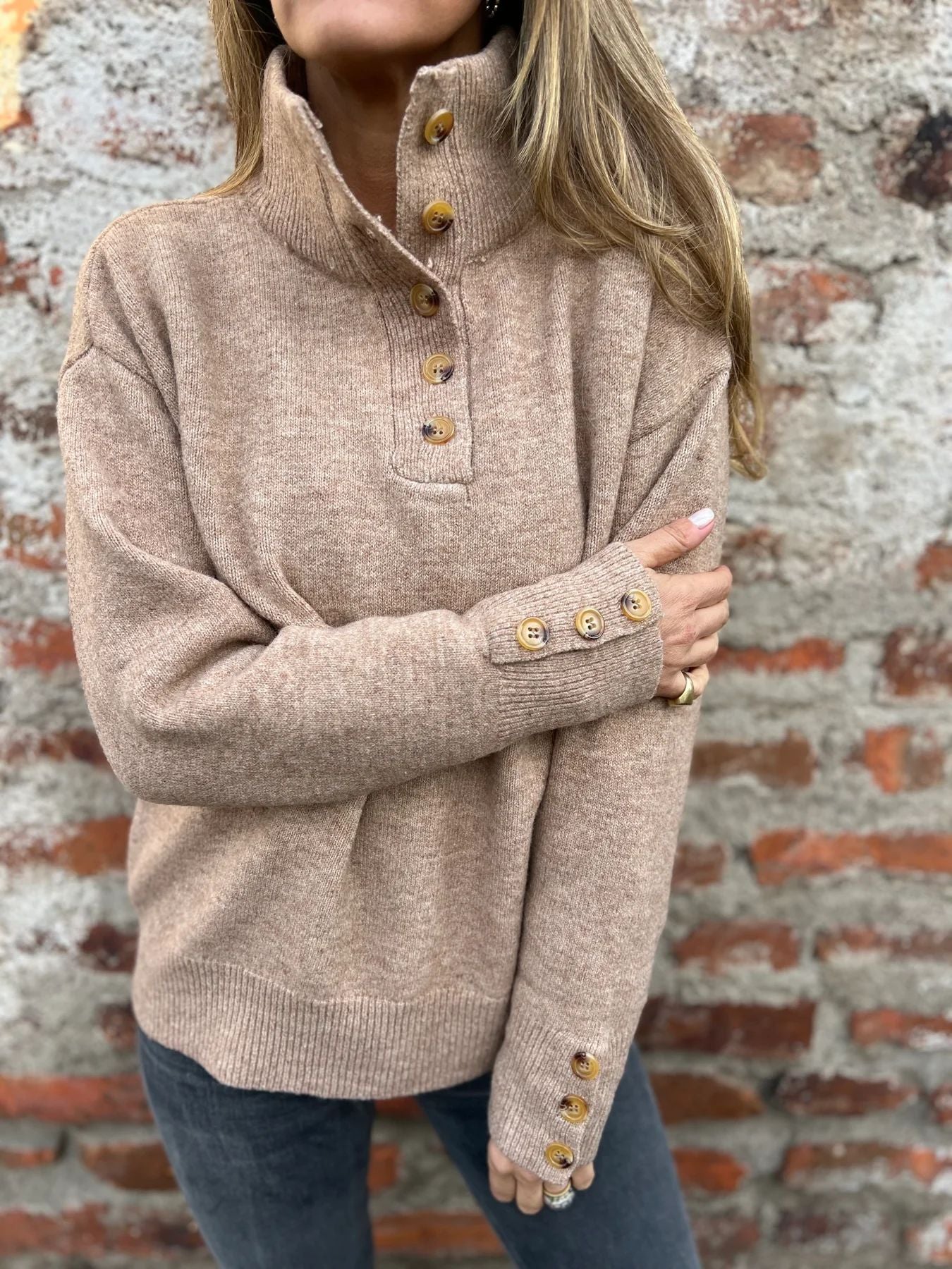Stand collar solid color button loose sweater