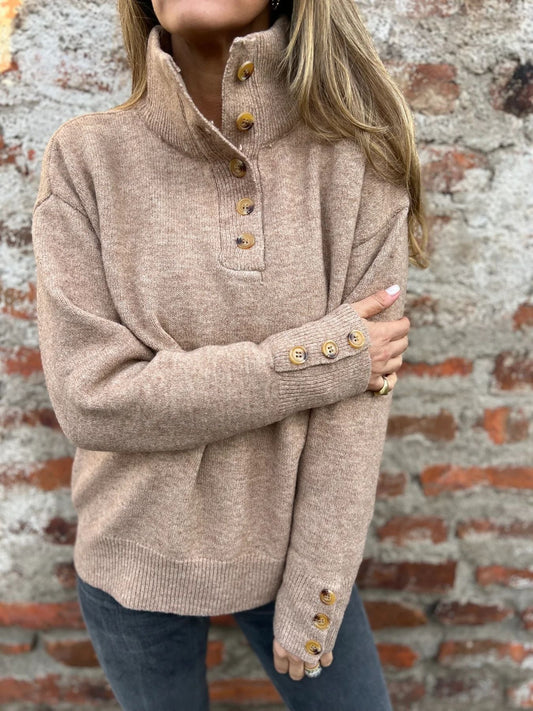 Stand collar solid color button loose sweater