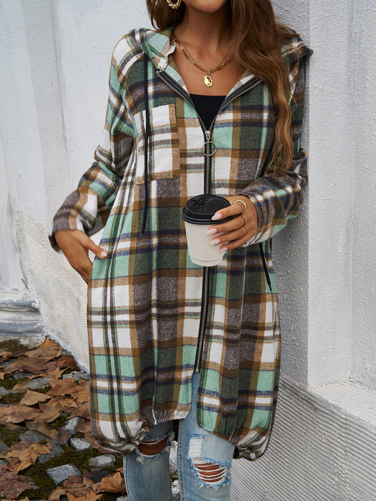 Loose Contrast Plaid Zipper Hooded Long Jacket