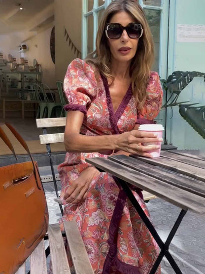 Pink Floral Wrap Maxi Dress with Puff Sleeves for Women - Rita