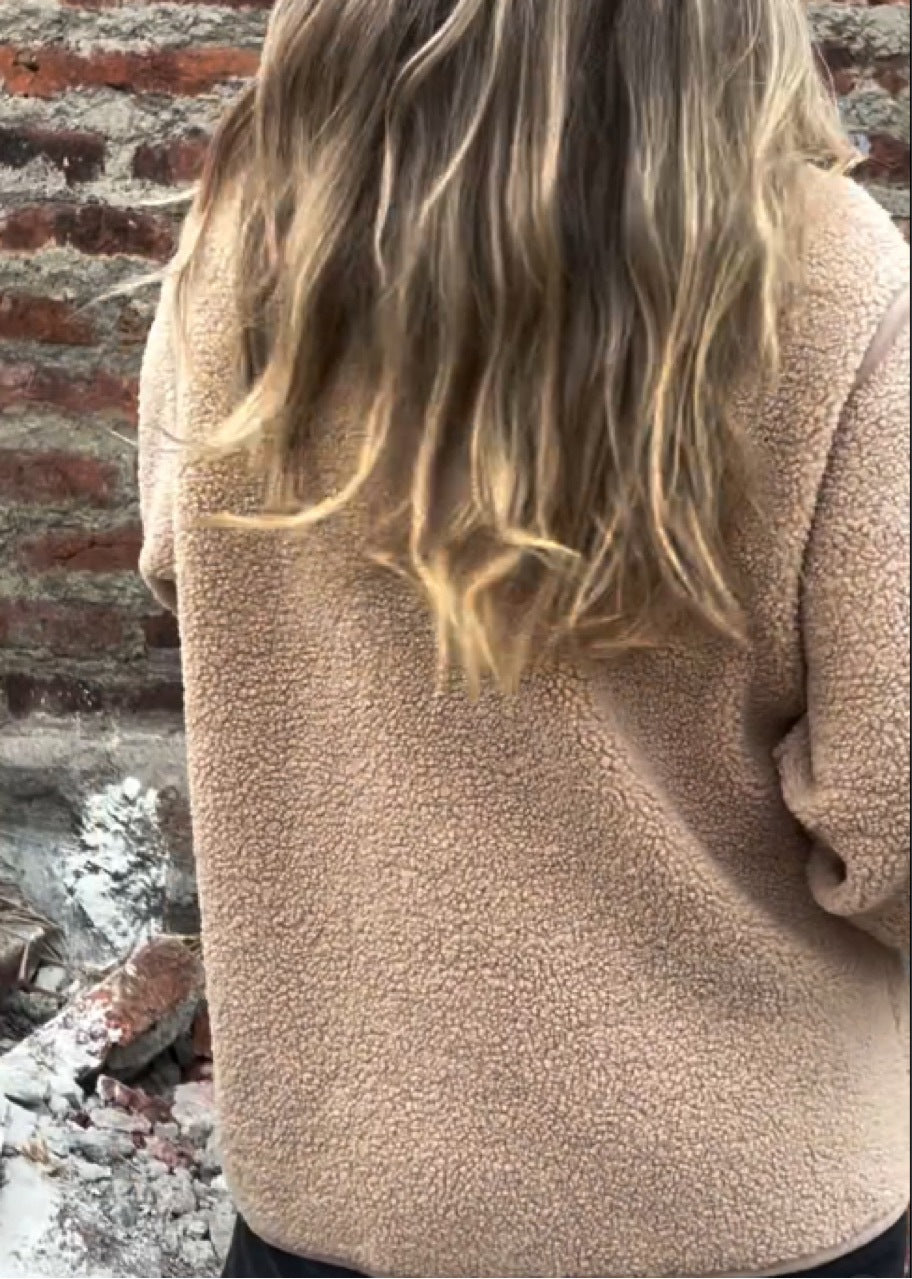 Loose irregular button high collar fleece jacket