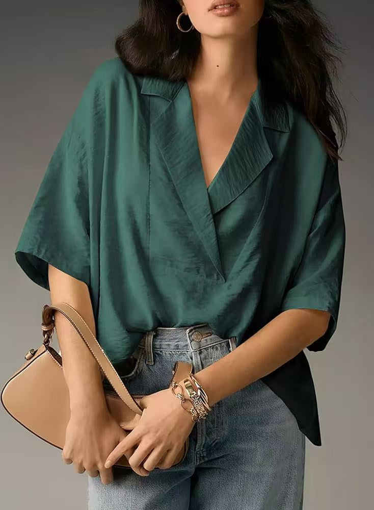 Teal V-Neck Blouse with Loose Fit for Women - Azzurra