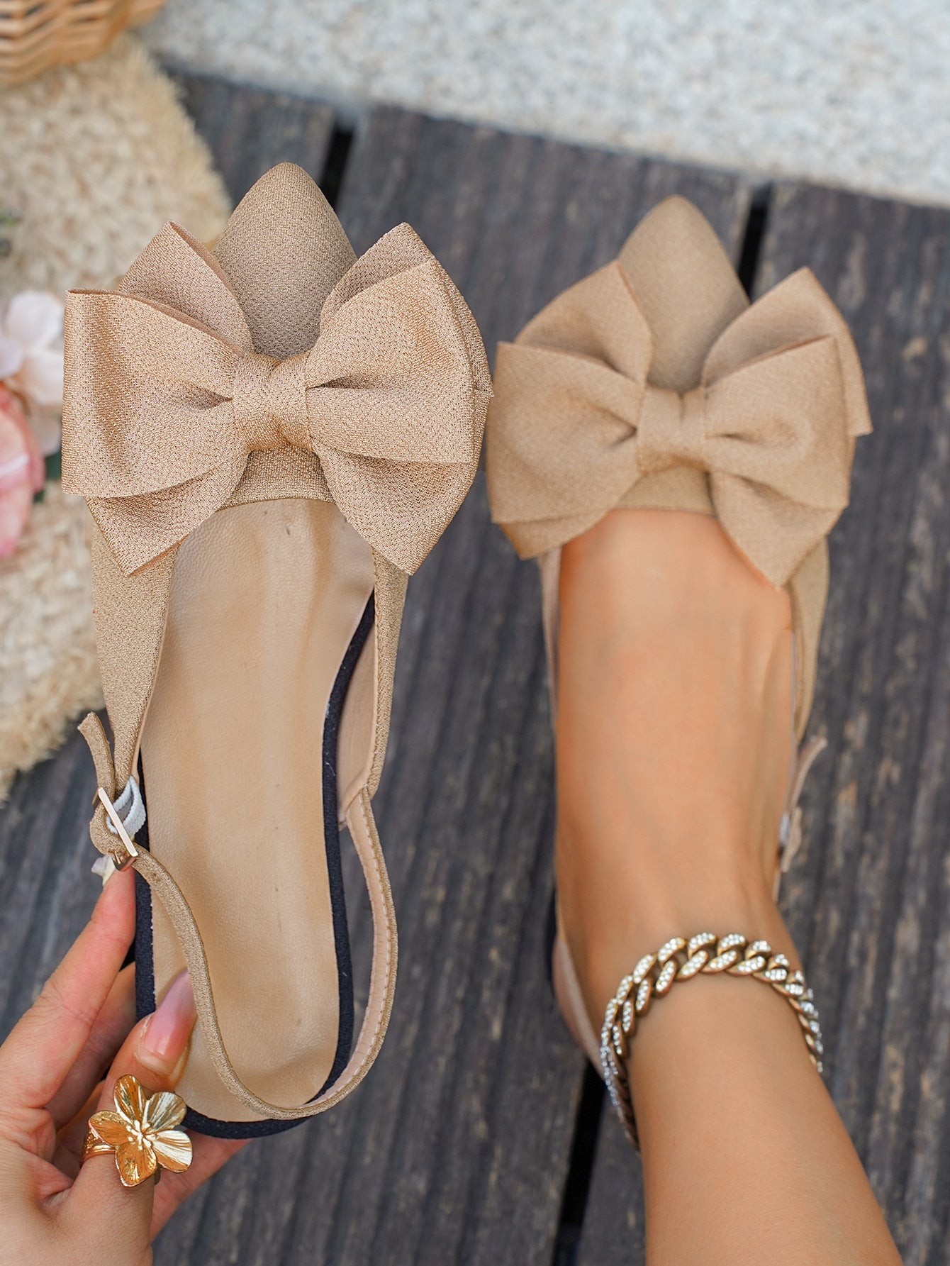 Large bow pointed toe flat heel sandals