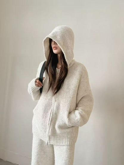 Loose Thickened Knit Hooded Zipper Cardigan Wide-Leg Pants Two-Piece Set