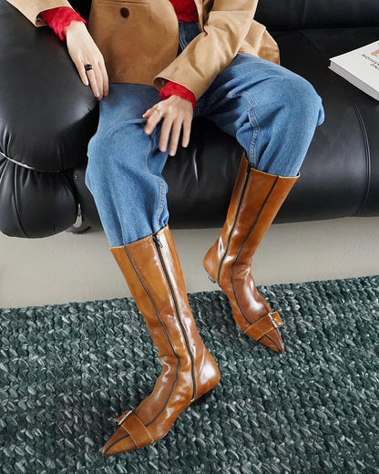 Genuine leather vintage belt buckle Chunky heel pointed toe side zipper boots