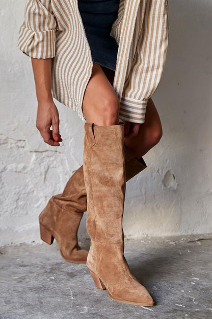 Suede pointed toe chunky heel knee high boots