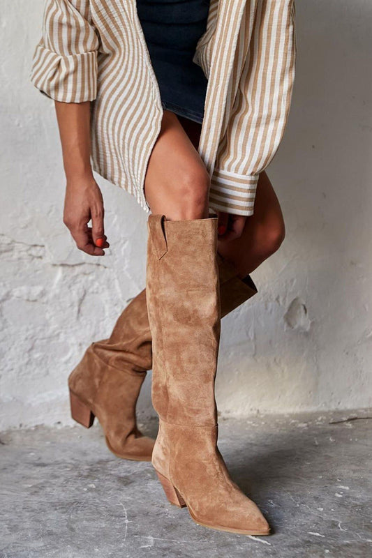 Suede pointed toe chunky heel knee high boots