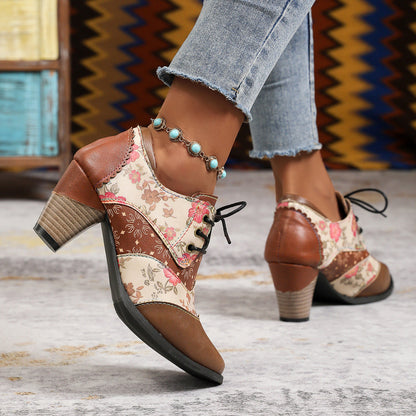 Retro ethnic thick high heels ankle Martin boots