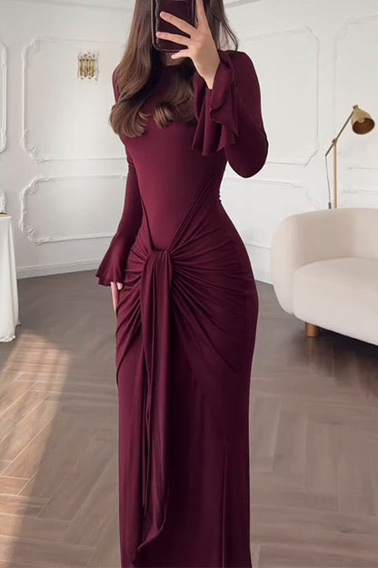 Long-sleeved round neck pleated hip slim Maxi dress