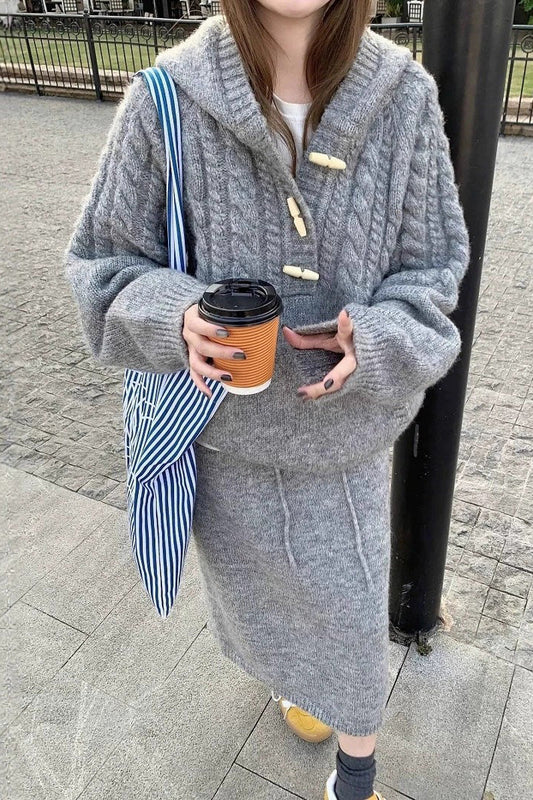 Slouchy loose cable knit hooded top and skirt two-piece set