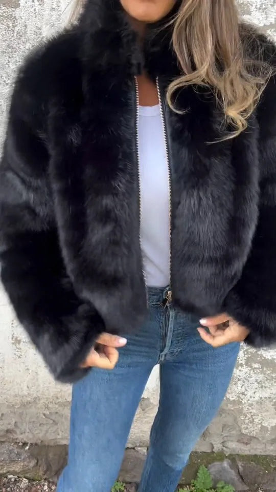 Faux Fur Turtleneck Zip-Up Blazer