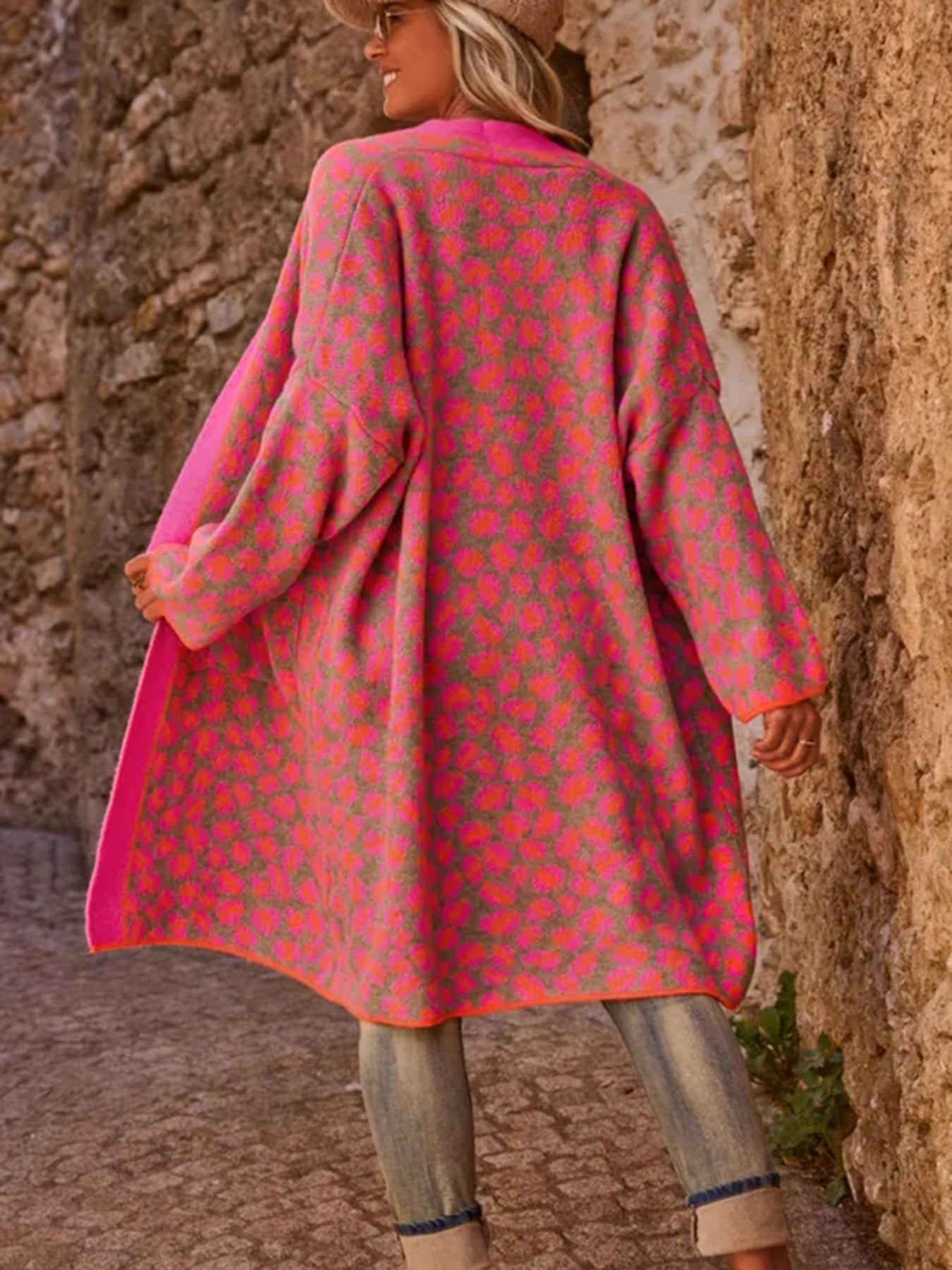 Rose red contrast leopard long sweater coat