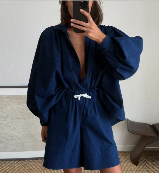 Dark blue loose short lantern sleeve shirt and shorts two-piece set