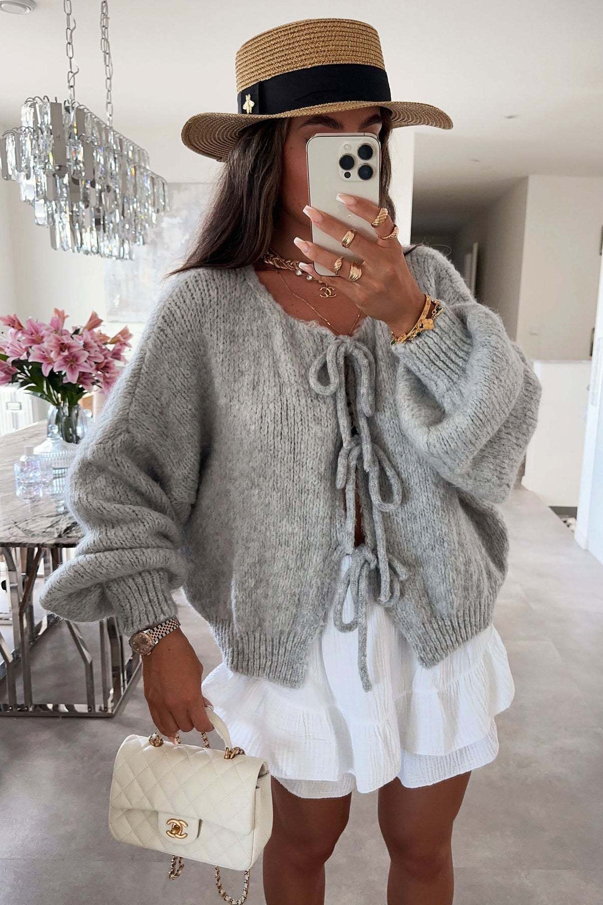 Crew neck tie cropped knitted cardigan