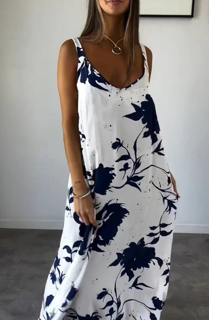Retro Printed Halter V-Neck Dress