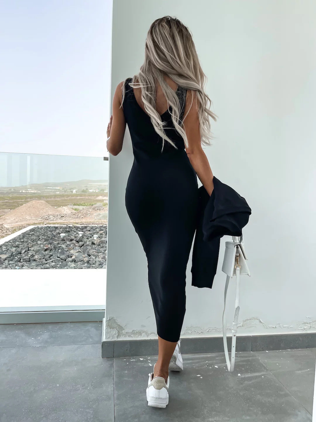 Solid Color V-Neck Long Sleeve Sweatshirt Suspender Slim Maxi Dress Two Piece Set