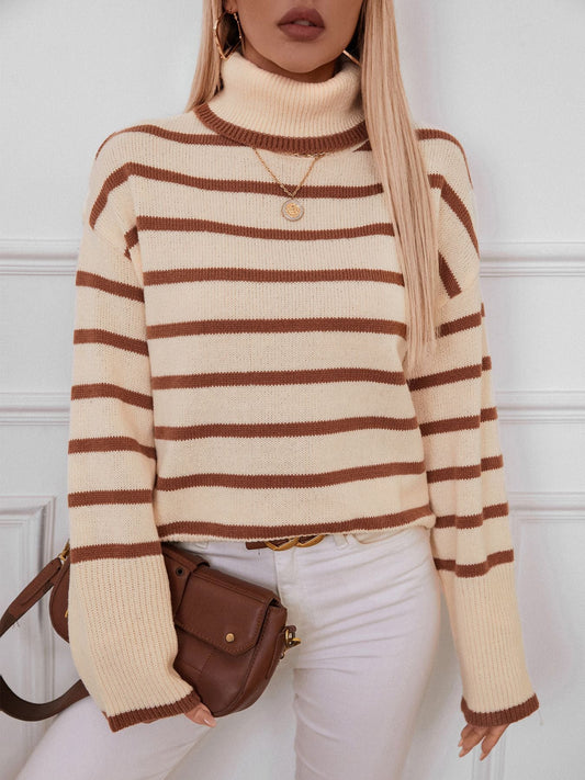 Loose Fitted Turtleneck Striped Knit Sweater