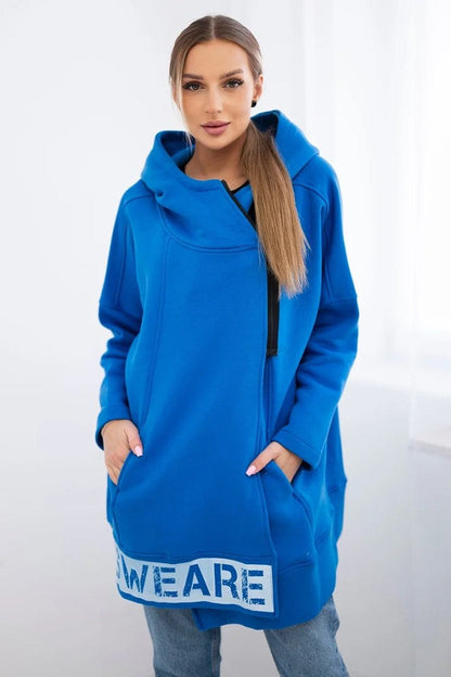 Diagonal zipper Printed logo Loose mid-length hooded fleece jacket