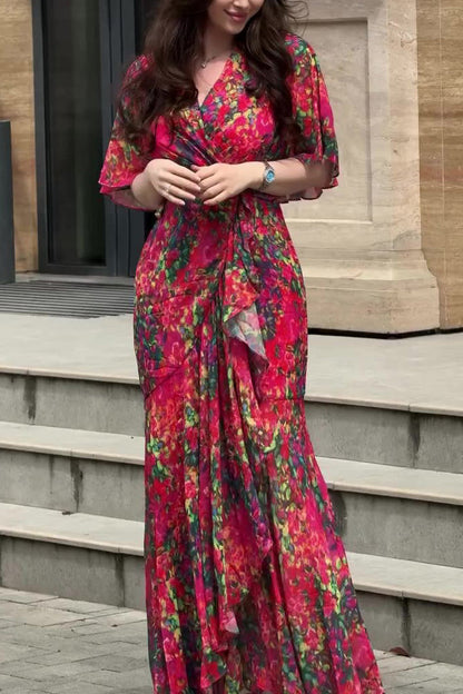 Unrestrained rose red printed short-sleeved long dress