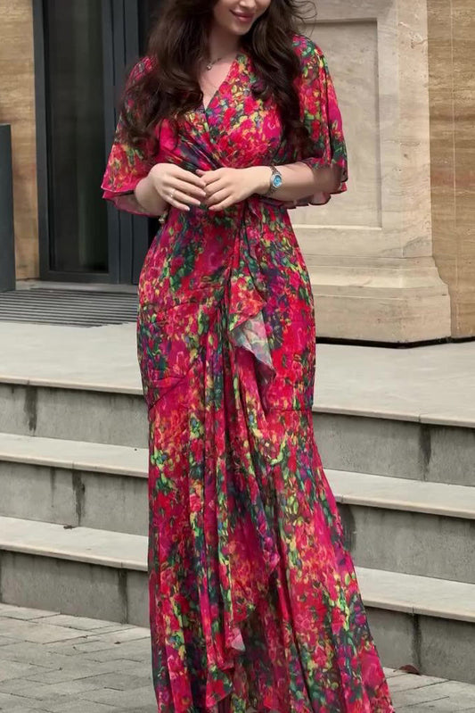 Unrestrained rose red printed short-sleeved long dress