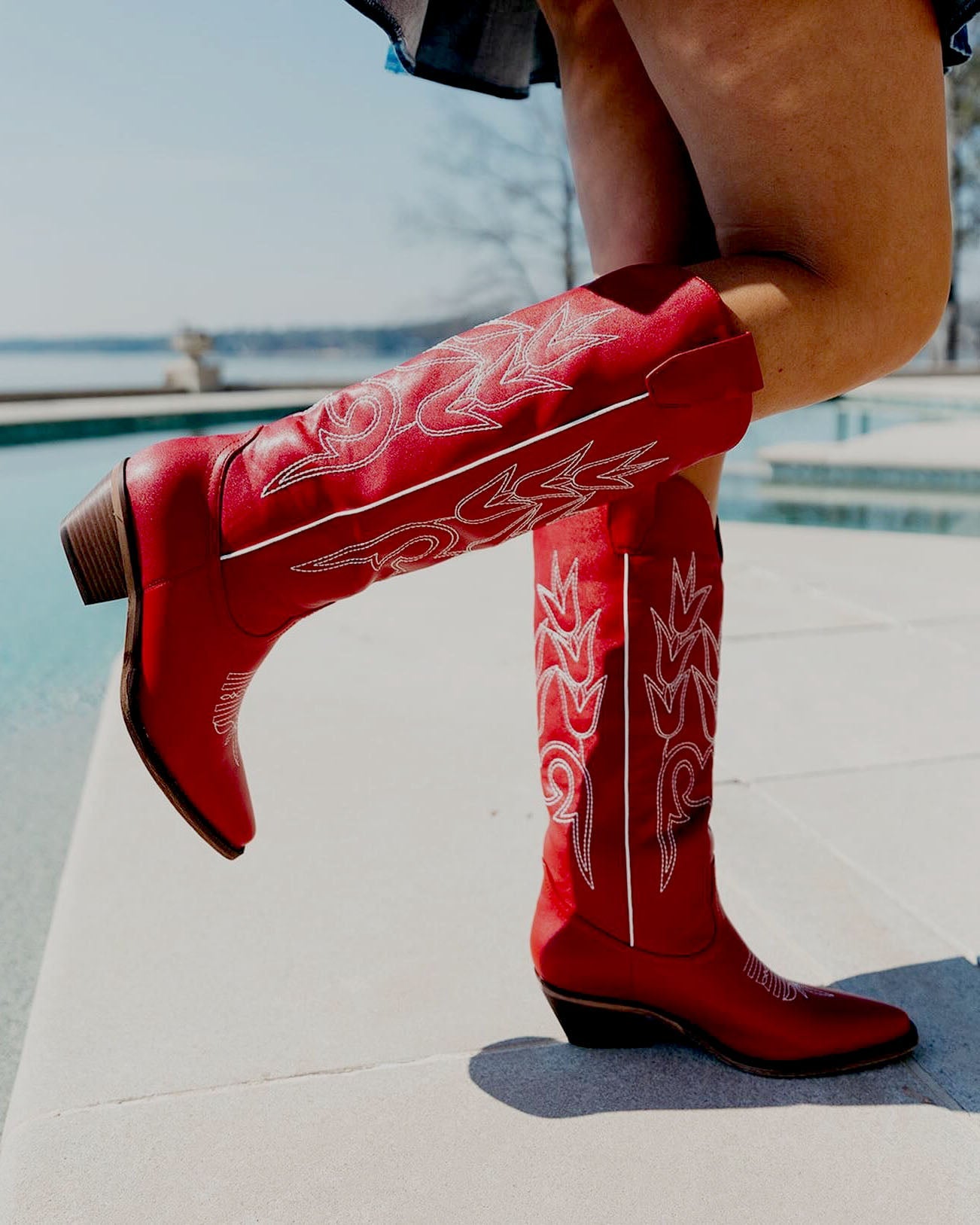 Red Tulip Embroidered Pointed Toe Block Heel Boots