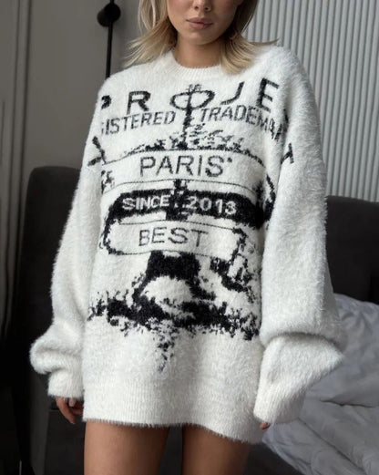 Cozy Round neck letter mid-length pullover sweater