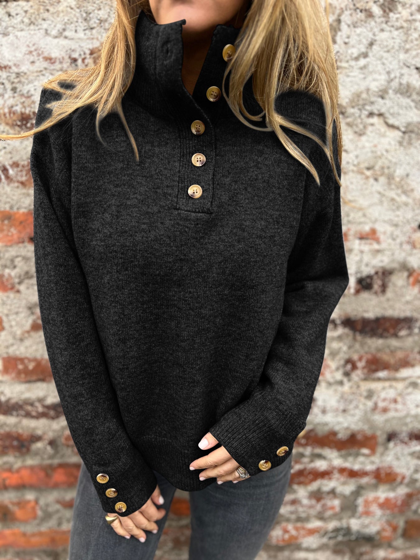 Stand collar solid color button loose sweater