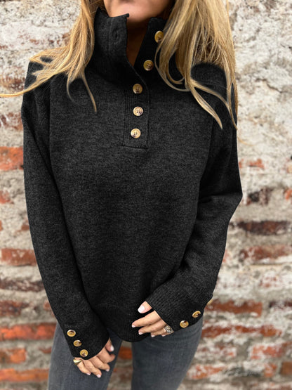 Stand collar solid color button loose sweater